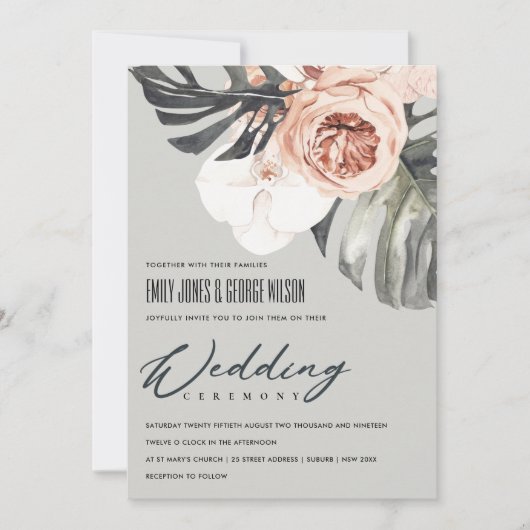 GRAY RUST FLORAL MONSTRERA LEAF WEDING INVITE DANKESKARTE (Vorderseite)