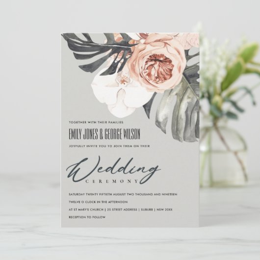 GRAY RUST FLORAL MONSTRERA LEAF WEDING INVITE DANKESKARTE (Stehend Vorderseite)