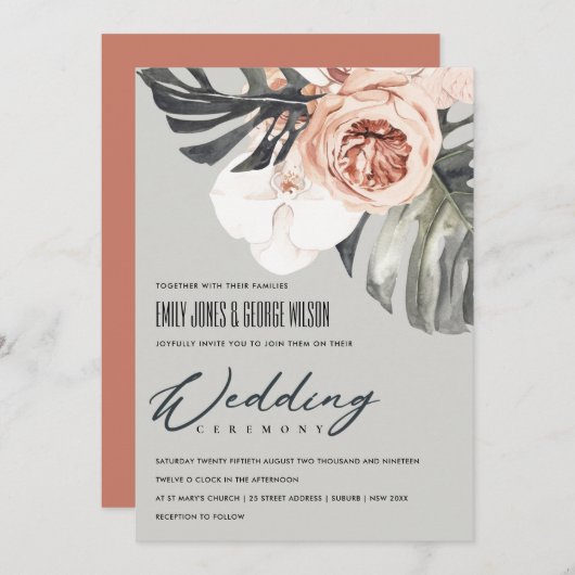 GRAY RUST FLORAL MONSTRERA LEAF WEDING INVITE DANKESKARTE (Vorne/Hinten)