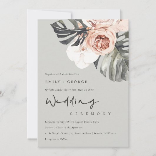 GRAY RUST FLORAL MONSTRERA LEAF WEDING INVITE DANKESKARTE (Vorderseite)