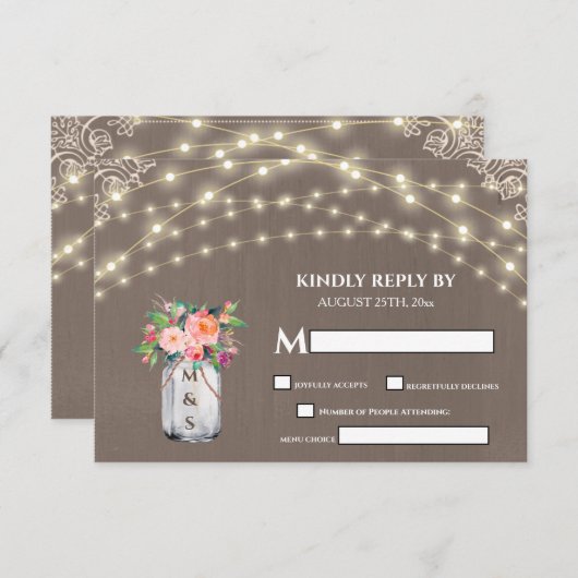 Gray Rustic Blume Mason Jar String Lights RSVP Karte (Vorne/Hinten)