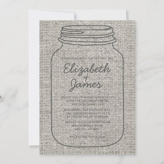 Gray Rustic Burlap Mason Jar Wedding Einladungen (Vorderseite)