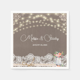 Gray Rustic Lace String Light Mason Jar Wedding Serviette