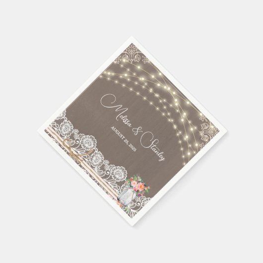 Gray Rustic Lace String Light Mason Jar Wedding Serviette (Ecke)