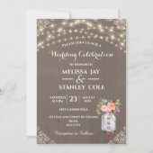 Gray Rustic Mason Jar Blume String Lights Wedding Einladung (Vorderseite)