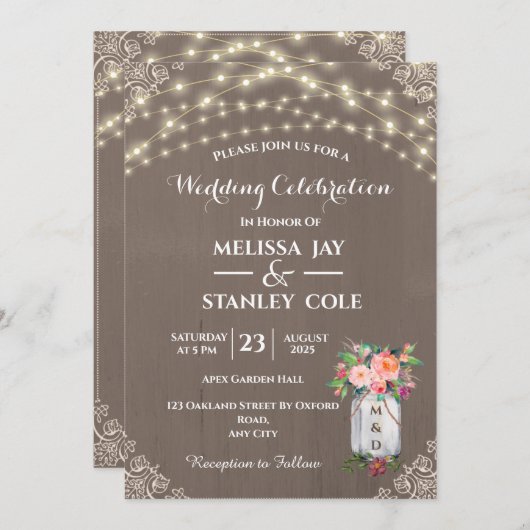 Gray Rustic Mason Jar Blume String Lights Wedding Einladung (Vorne/Hinten)