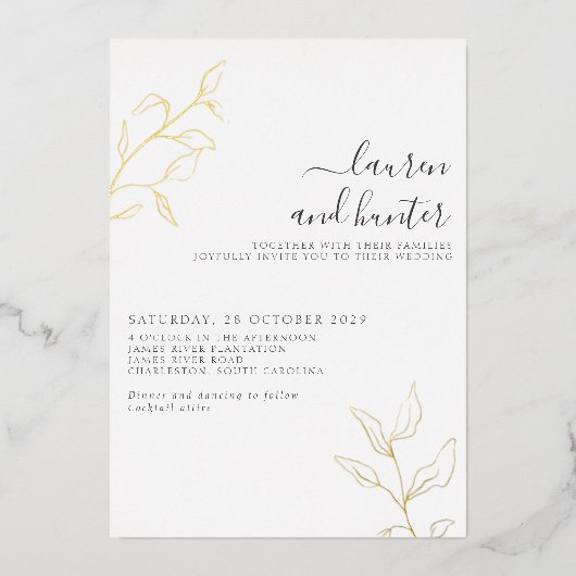 Gray Script Gold Botanical Wedding Folieneinladung (Vorderseite)
