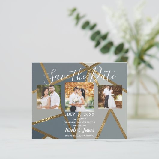 Gray Shades & Bronze Modern Wedding retten das Dat (Stehend Vorderseite)