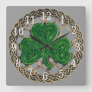 Gray Shamrock and Celtic Knots Square Clock Quadratische Wanduhr