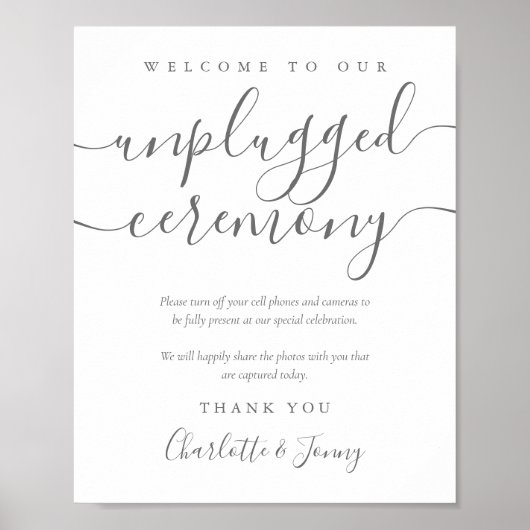 Gray Signature Script Unplugged Zeremony Sign Poster (Vorne)