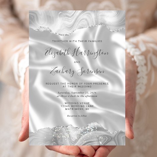 Gray Silver Agate White Silk Wedding Einladung