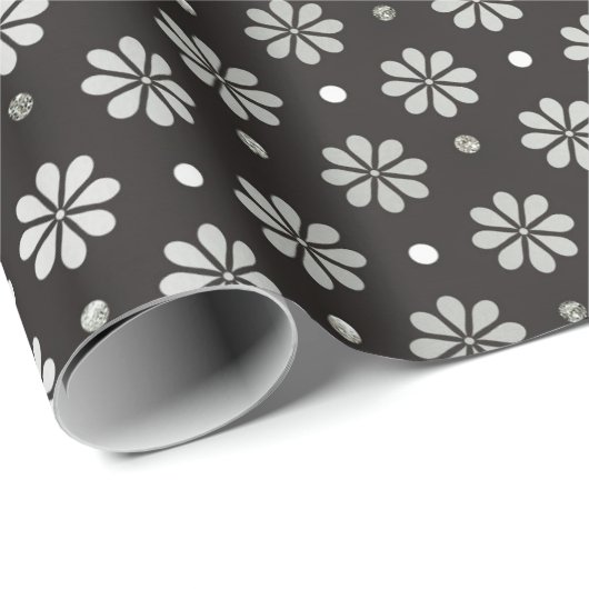 Gray Silver Black Foil floral Daisy Dots Geschenkpapier (Rolleneckpunkt)