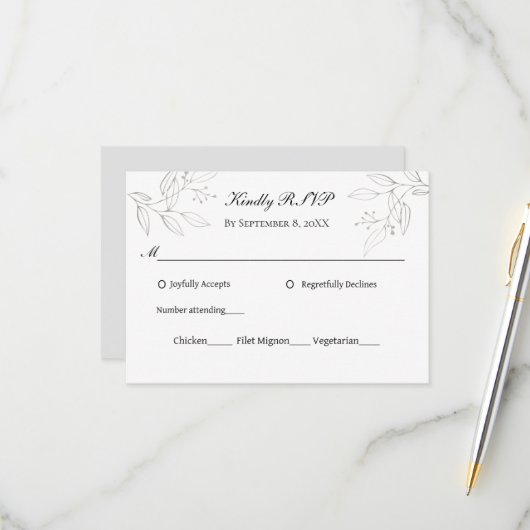 Gray Silver Blätter Minimalistisch Wedding Entrees RSVP Karte (Vorderseite/Rückseite Beispiel)
