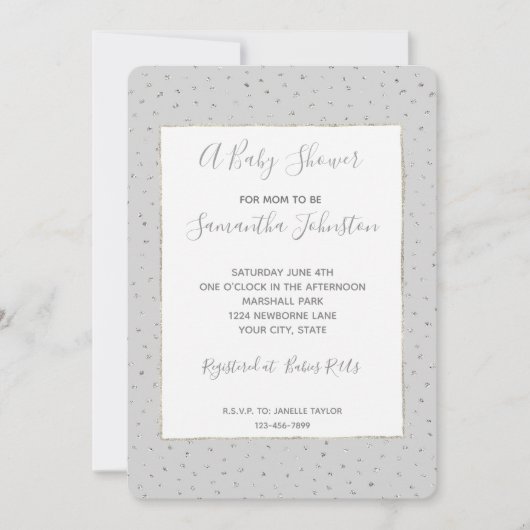 Gray Silver Confetti Baby Dusche Einladung (Vorderseite)