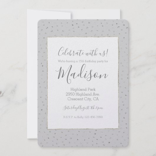 Gray Silver Confetti Geburtstag Einladung (Vorderseite)