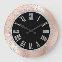 Gray Silver Crystals Black Rose Roman Numbers Große Wanduhr
