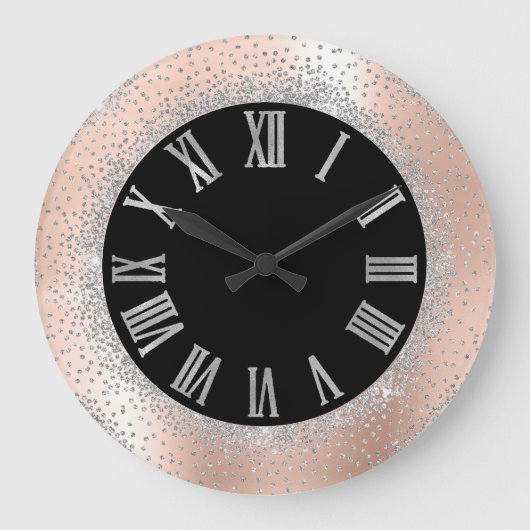 Gray Silver Crystals Black Rose Roman Numbers Große Wanduhr (Vorderseite)