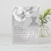 Gray & Silver Floral Wedding Dress Brautparty Einladung (Stehend Vorderseite)