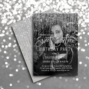 Gray Silver Glitzer Fringe Foto Sweet 16 Einladung