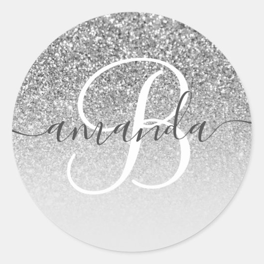 Gray Silver Glitzer Ombre Mit Monogramm Runder Aufkleber (Vorderseite)