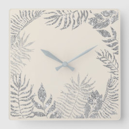 Gray Silver Ivory Metallic Palm Botanische Pastel Quadratische Wanduhr