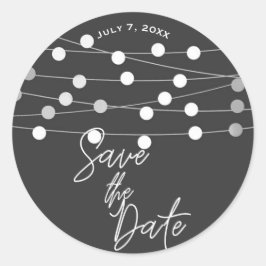 Gray Silver String Light Wedding Save the Date Runder Aufkleber