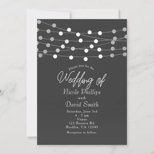 Gray Silver String Lights Moderne Hochzeit Einladung (Vorderseite)