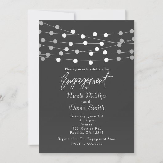 Gray Silver String Lights Moderne Verlobung Einladung (Vorderseite)