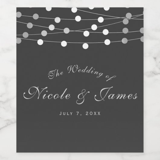 Gray Silver String Lights Moderner Chic Wedding Wi Weinetikett (Einzelnes Label)