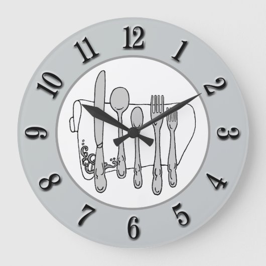 Gray Silverware White Napkin Black Number on Grau Große Wanduhr (Vorderseite)