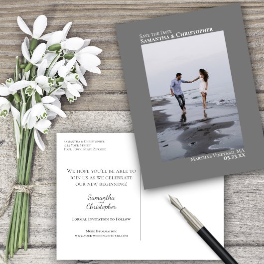 Gray Simple Minimalistisch Wedding Foto Save the D Ankündigungspostkarte