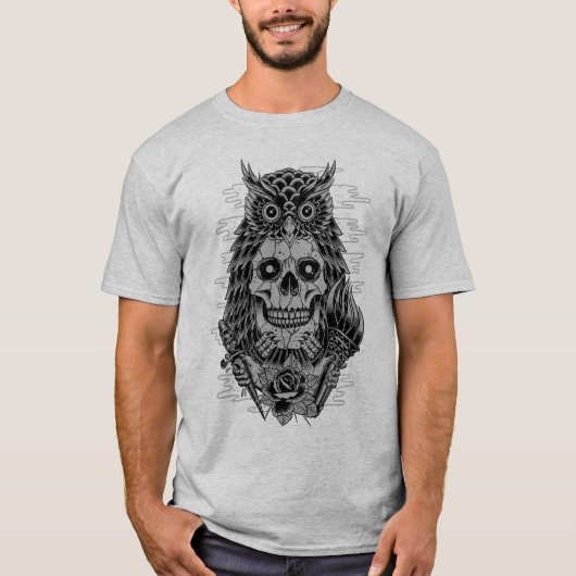 Gray Skull Owl Tattoo Rose T-Shirt (Vorderseite)