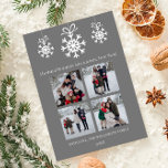 Gray Snowflake Ornamente FotoCollage Feiertagskarte<br><div class="desc">Feiern Sie die Saison mit dieser Gro-Snowflake Ornaments Foto Collage Holiday Card, erstellt, um Ihre festliche Freude zu teilen. Dieses Foto-Gruß zeichnet sich durch eine elegante Anordnung mit zarten, weißen Schneeflocken in einem charmanten Schneeflocken-Design aus und zeigt eine wunderschöne Collage aus vier Fotos Ihrer Fotos. Moderne Typografie verleiht dem Gruß...</div>