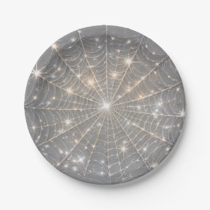 Gray Sparkle Spiderweb Halloween-Party Pappteller