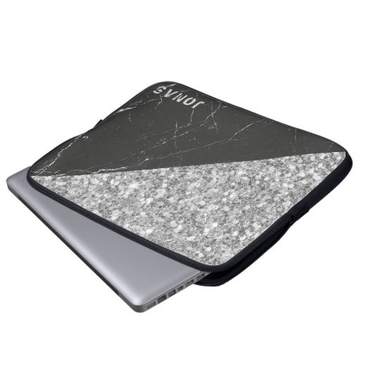 Gray Sparkling Glitzer Black Marble Laptopschutzhülle (Vorne Knopf)
