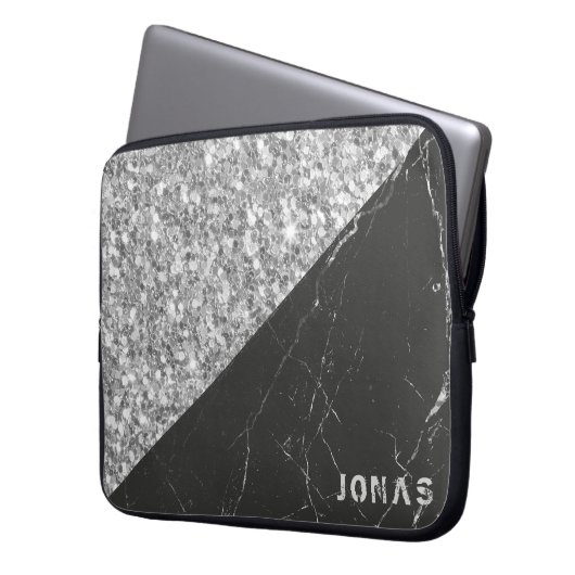 Gray Sparkling Glitzer Black Marble Laptopschutzhülle (Vorderseite Links)