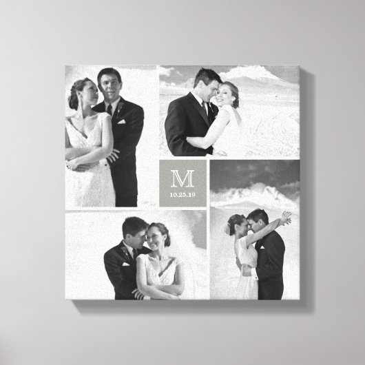 Gray Square Grid Monogram Wedding 4 Foto Collage Leinwanddruck (Vorderseite)
