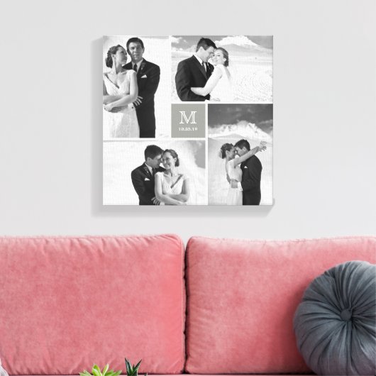Gray Square Grid Monogram Wedding 4 Foto Collage Leinwanddruck (Insitu (Wohnzimmer))