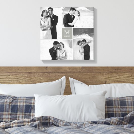 Gray Square Grid Monogram Wedding 4 Foto Collage Leinwanddruck (Insitu (Schlafzimmer))