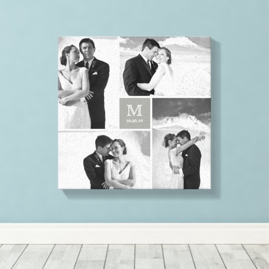 Gray Square Grid Monogram Wedding 4 Foto Collage Leinwanddruck (Insitu (Holzboden))