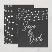 Gray String Lights Modernes Script Save the Date Ankündigungspostkarte (Vorne/Hinten)