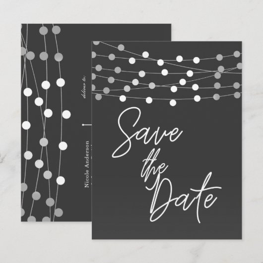 Gray String Lights Modernes Script Save the Date Ankündigungspostkarte (Vorne/Hinten)