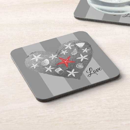 Gray Stripe Coastal Thema Seashell Starfish Herz Getränkeuntersetzer (Linke Seite)