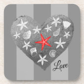 Gray Stripe Coastal Thema Seashell Starfish Herz Getränkeuntersetzer (Vorderseite)