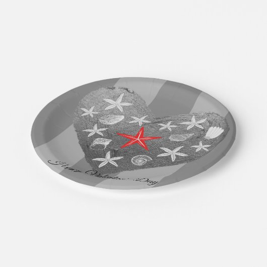 Gray Stripe Coastal Thema Seashell Starfish Herz Pappteller (Schrägansicht)