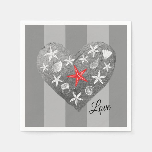 Gray Stripe Coastal Thema Seashell Starfish Herz Serviette (Vorderseite)