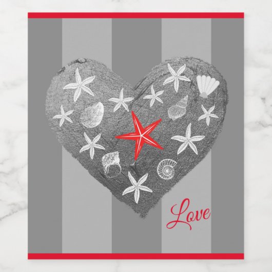 Gray Stripe Coastal Thema Seashell Starfish Herz Weinetikett (Einzelnes Label)