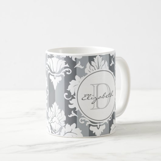 Gray Stripe Damask Mit Monogramm Tasse (VorderseiteRechts)