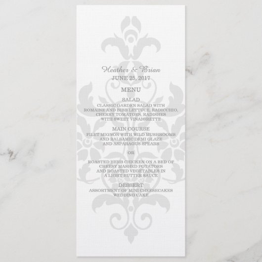 Gray Subtle Damask Wedding Menu Menükarte (Vorderseite)