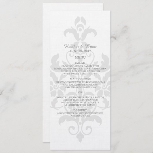 Gray Subtle Damask Wedding Menu Menükarte (Vorne/Hinten)